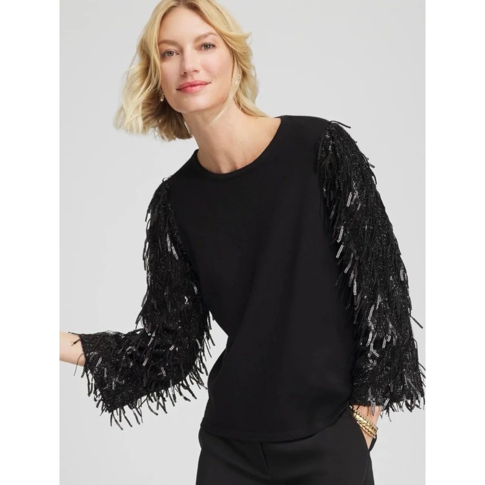 Chico's | Fringe Sequins Pullover Sweater 4/XXL Black Statement Sleeve Party